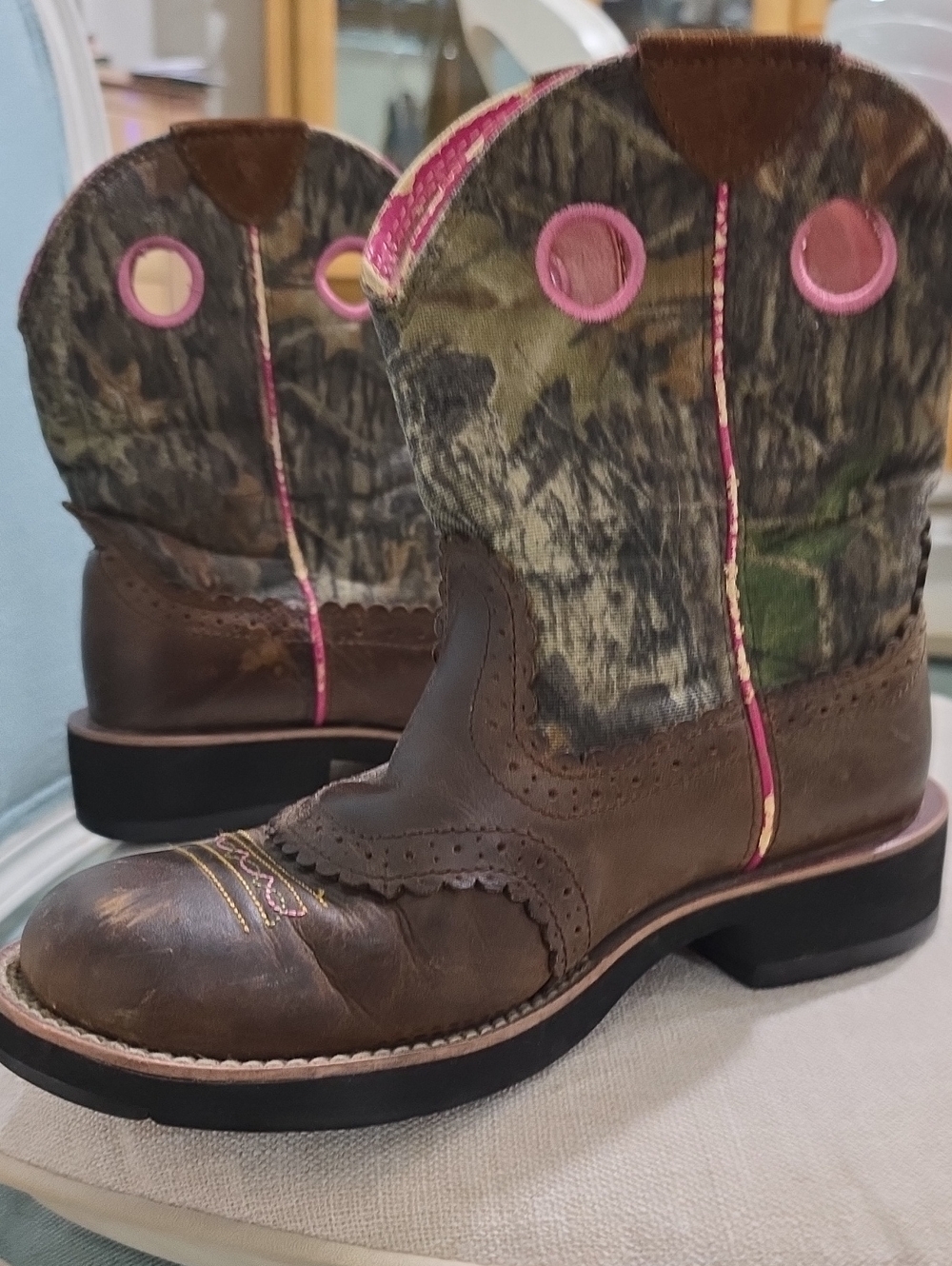 Ariat Brown Leather & Camo Ankle Boots with Pink Accents